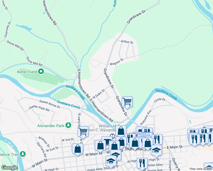 map of restaurants, bars, coffee shops, grocery stores, and more near 422 North Duke Street in Hummelstown