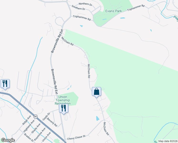 map of restaurants, bars, coffee shops, grocery stores, and more near 251 McChain Road in Finleyville