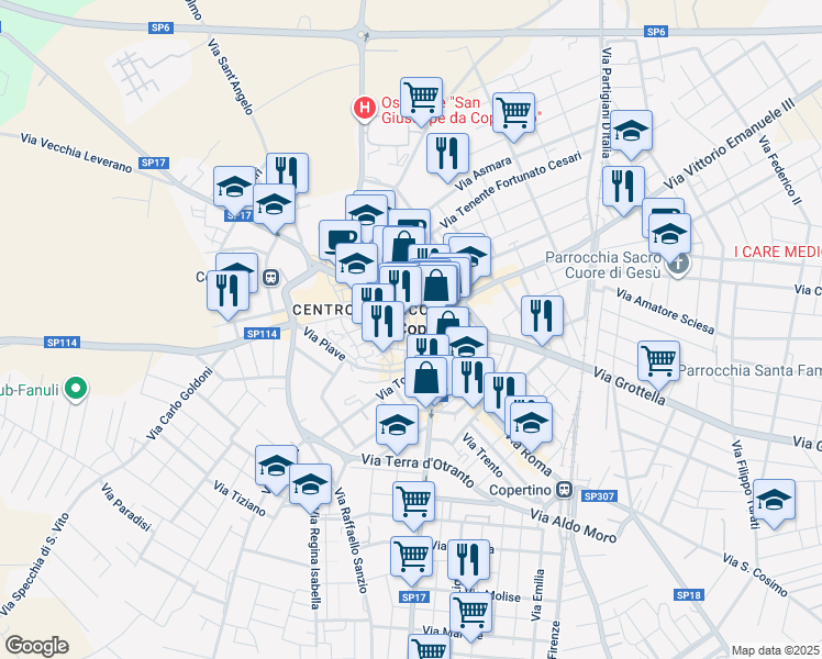 map of restaurants, bars, coffee shops, grocery stores, and more near 25 Via Margherita di Savoia in Copertino