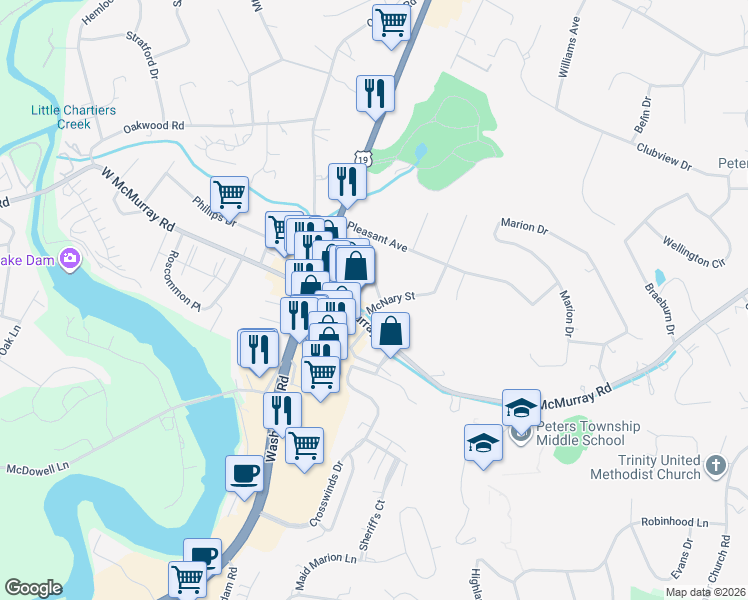 map of restaurants, bars, coffee shops, grocery stores, and more near 211 East McMurray Road in Canonsburg