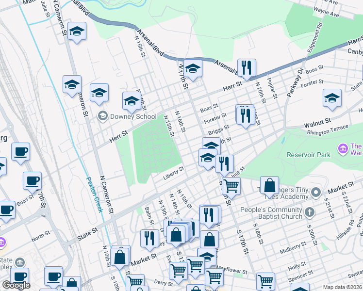 map of restaurants, bars, coffee shops, grocery stores, and more near 1511 Briggs Street in Harrisburg