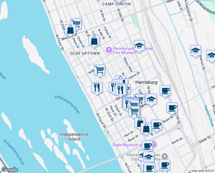 map of restaurants, bars, coffee shops, grocery stores, and more near 211 Harris Street in Harrisburg