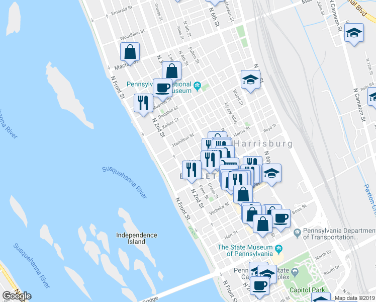 map of restaurants, bars, coffee shops, grocery stores, and more near 211 Harris Street in Harrisburg