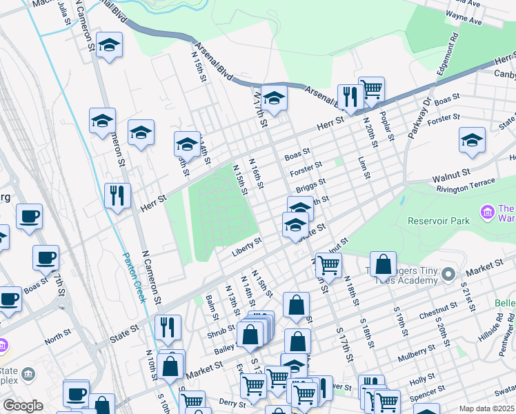 map of restaurants, bars, coffee shops, grocery stores, and more near 1511 Briggs Street in Harrisburg