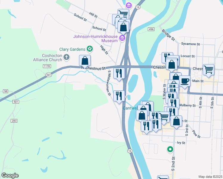 map of restaurants, bars, coffee shops, grocery stores, and more near 100 South Whitewoman Street in Coshocton