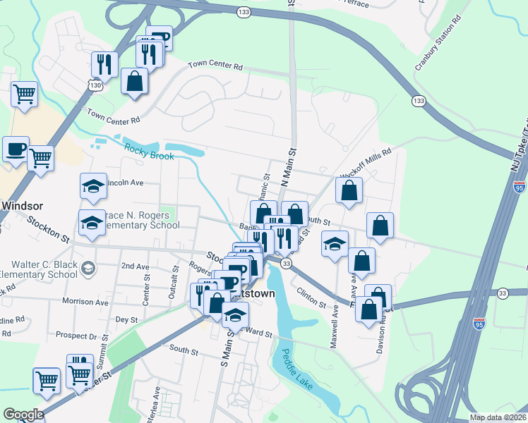 map of restaurants, bars, coffee shops, grocery stores, and more near 120 Mechanic Street in Hightstown