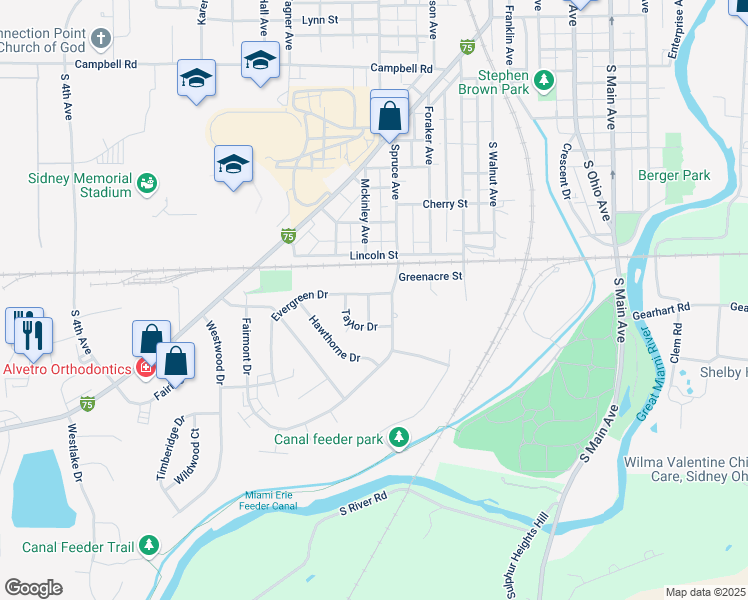 map of restaurants, bars, coffee shops, grocery stores, and more near 808 Taylor Drive in Sidney