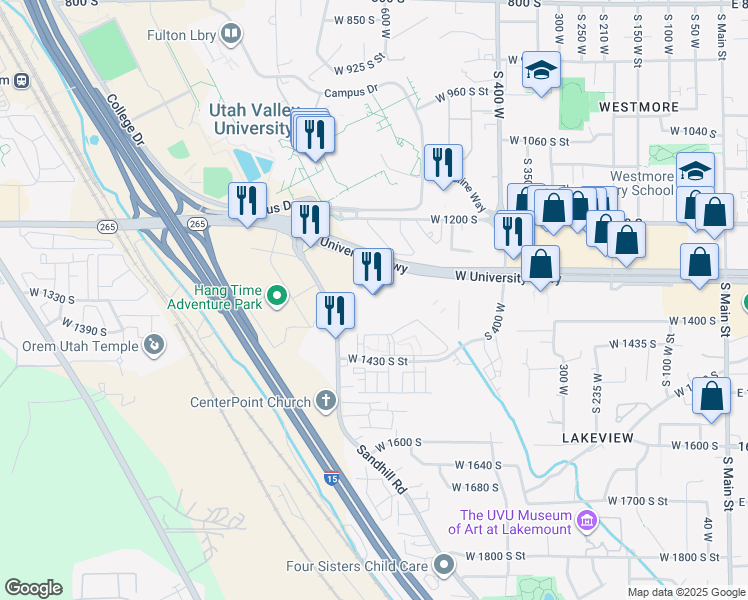 map of restaurants, bars, coffee shops, grocery stores, and more near 1355 Sandhill Road in Orem