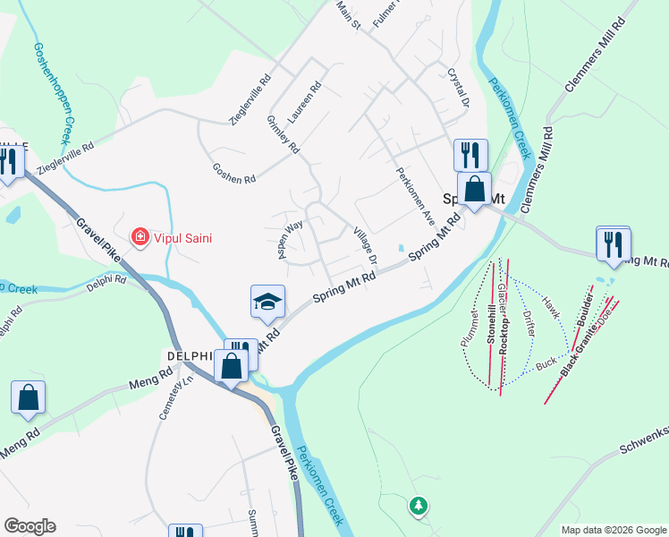 map of restaurants, bars, coffee shops, grocery stores, and more near 82 Spring Mount Road in Schwenksville