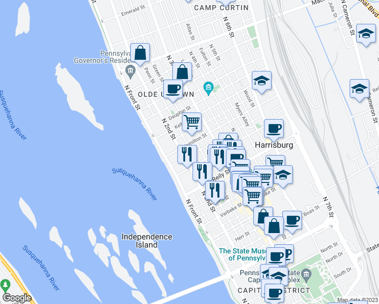 map of restaurants, bars, coffee shops, grocery stores, and more near 1624 Penn Street in Harrisburg