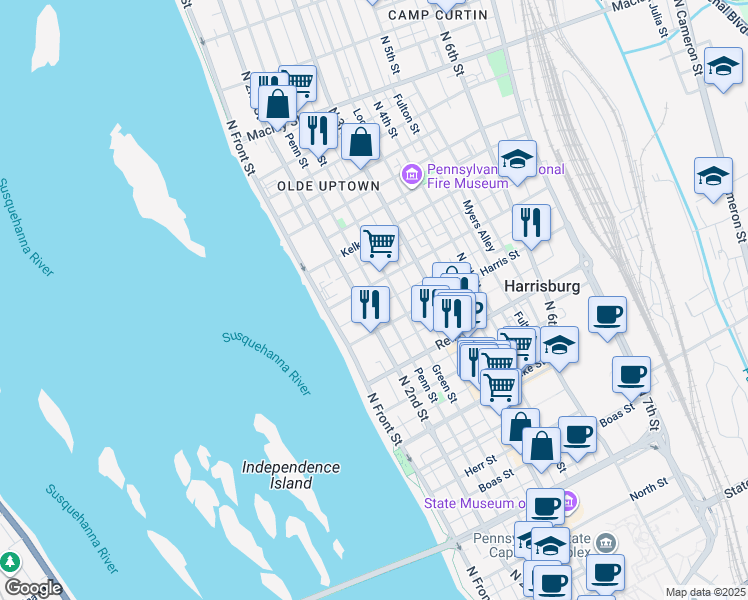 map of restaurants, bars, coffee shops, grocery stores, and more near 1704 Penn Street in Harrisburg
