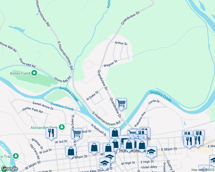 map of restaurants, bars, coffee shops, grocery stores, and more near 38 Grandview Road in Hummelstown