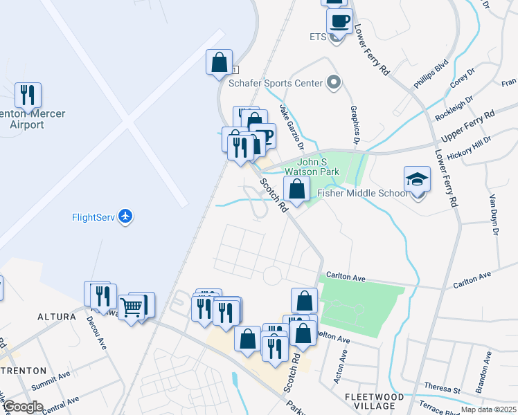 map of restaurants, bars, coffee shops, grocery stores, and more near 72 Kyle Way in Ewing Township