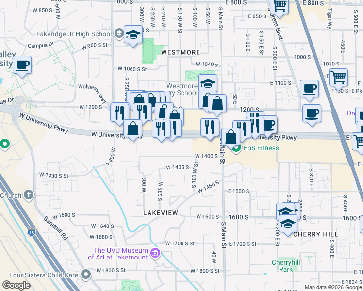 map of restaurants, bars, coffee shops, grocery stores, and more near 145 West University Parkway in Orem