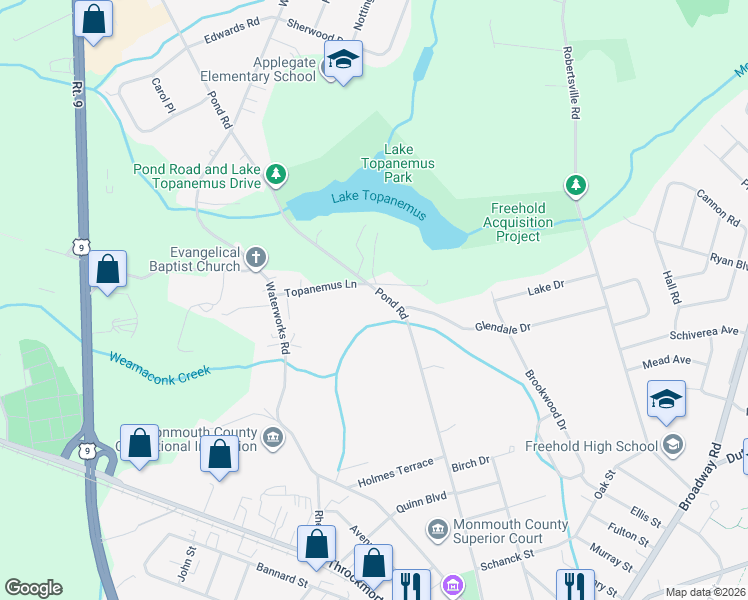 map of restaurants, bars, coffee shops, grocery stores, and more near 56 Topanemus Lane in Freehold