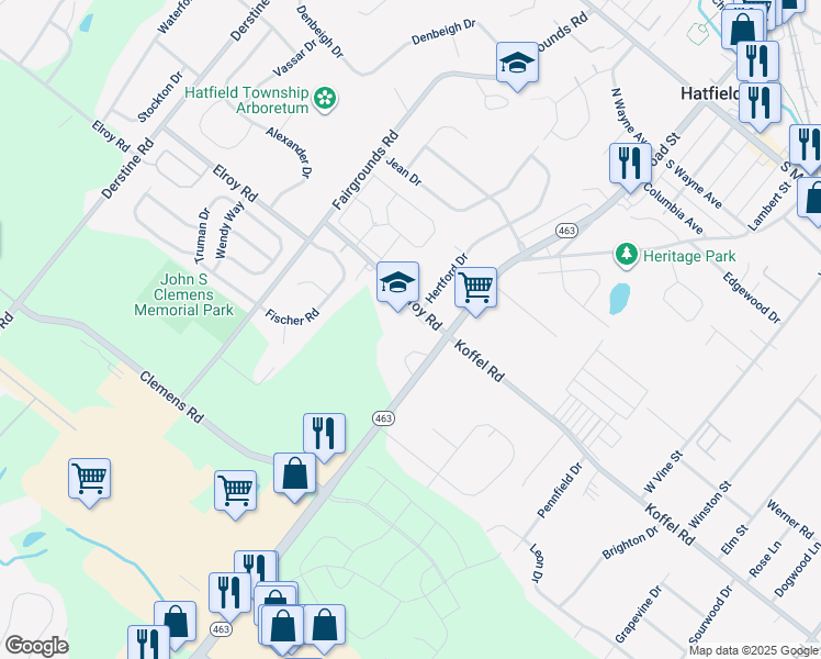 map of restaurants, bars, coffee shops, grocery stores, and more near 726 Forty Foot Road in Hatfield