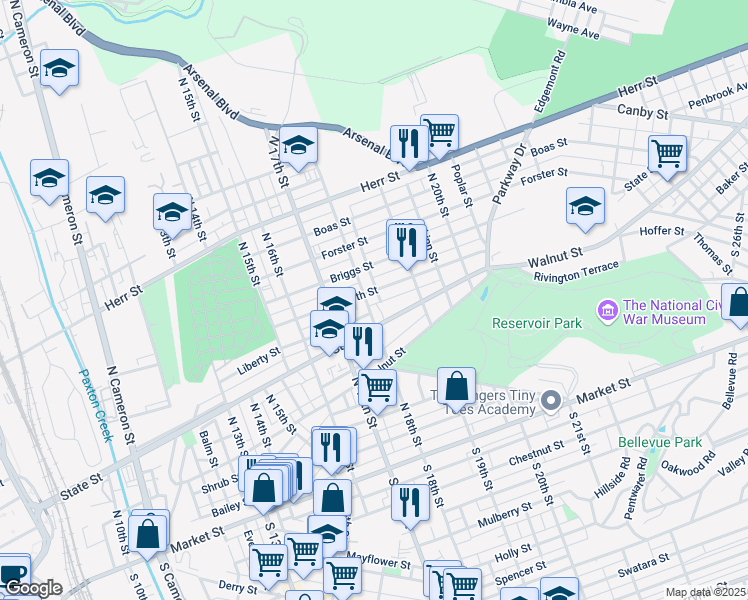 map of restaurants, bars, coffee shops, grocery stores, and more near 713 North 18th Street in Harrisburg