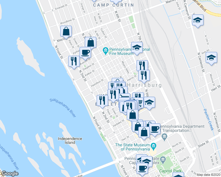 map of restaurants, bars, coffee shops, grocery stores, and more near 1619 North 3rd Street in Harrisburg