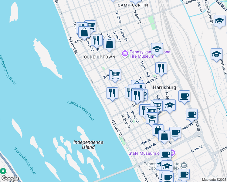 map of restaurants, bars, coffee shops, grocery stores, and more near 1704 Penn Street in Harrisburg