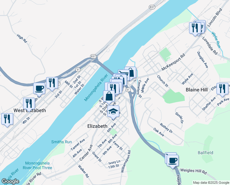 map of restaurants, bars, coffee shops, grocery stores, and more near 114 North Water Street in Elizabeth