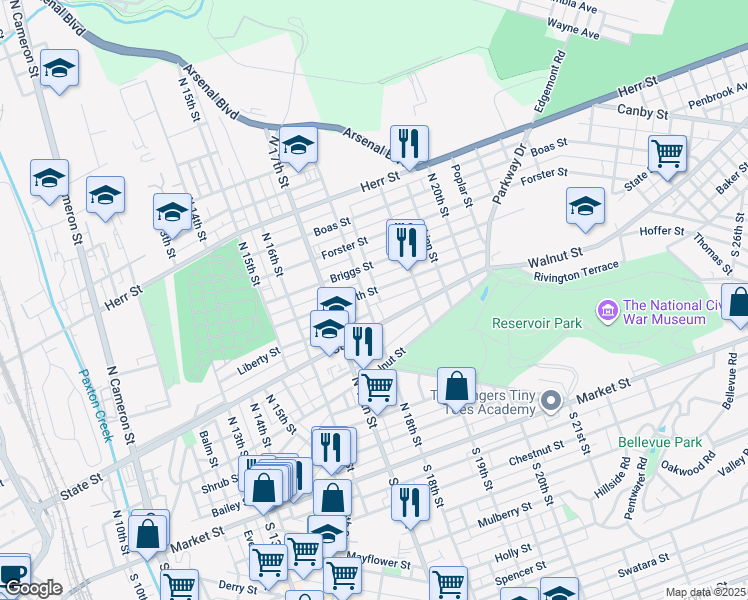 map of restaurants, bars, coffee shops, grocery stores, and more near 617 North 18th Street in Harrisburg