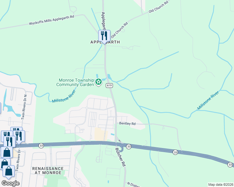 map of restaurants, bars, coffee shops, grocery stores, and more near 127 Applegarth Road in Monroe Township