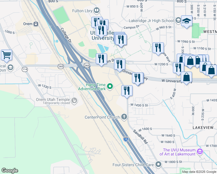 map of restaurants, bars, coffee shops, grocery stores, and more near 1200 Sandhill Road in Orem