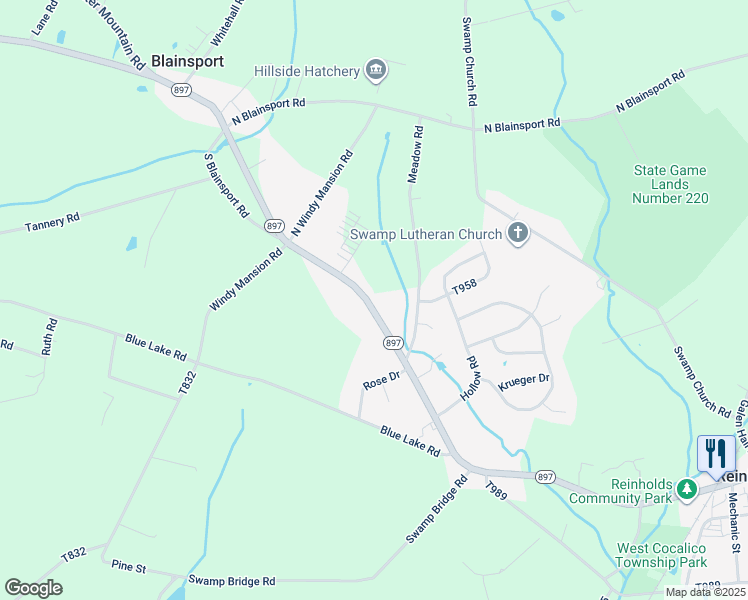map of restaurants, bars, coffee shops, grocery stores, and more near 480 Pennsylvania 897 in Reinholds
