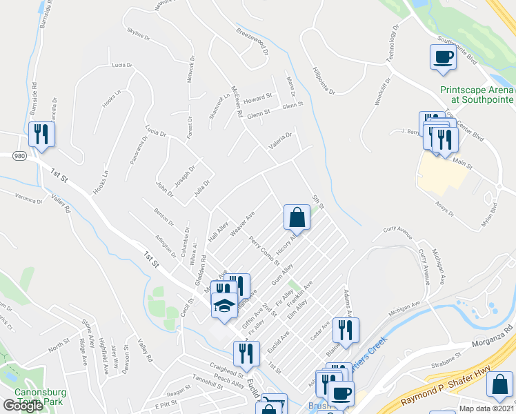 map of restaurants, bars, coffee shops, grocery stores, and more near 625 Weaver Avenue in Canonsburg