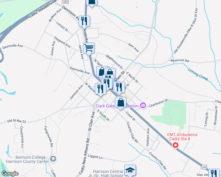 map of restaurants, bars, coffee shops, grocery stores, and more near 101 East Market Street in Cadiz