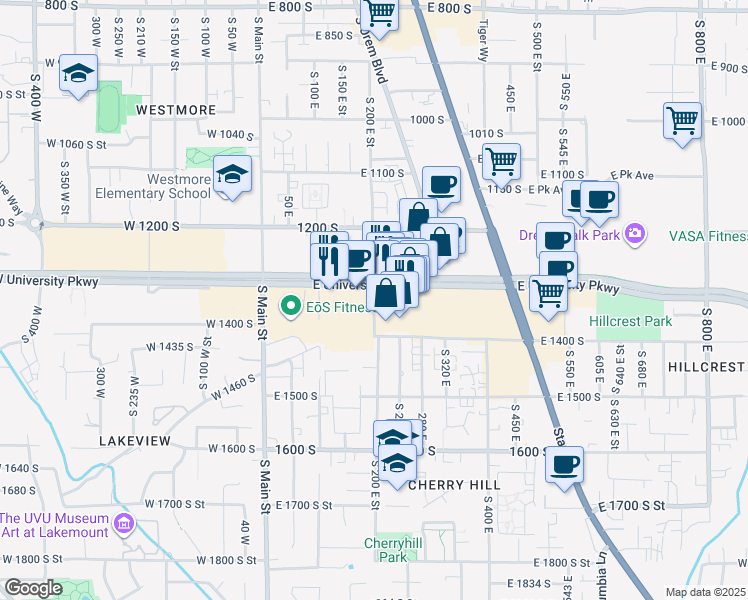 map of restaurants, bars, coffee shops, grocery stores, and more near 1317 South 200 East in Orem