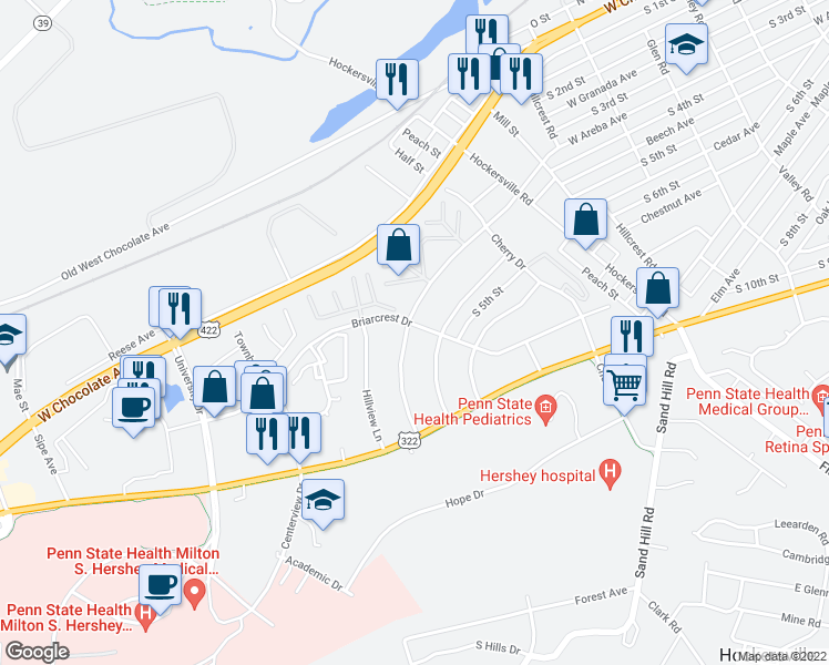 map of restaurants, bars, coffee shops, grocery stores, and more near 1006 West Areba Avenue in Hershey