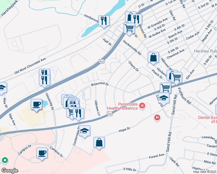 map of restaurants, bars, coffee shops, grocery stores, and more near 1006 West Areba Avenue in Hershey