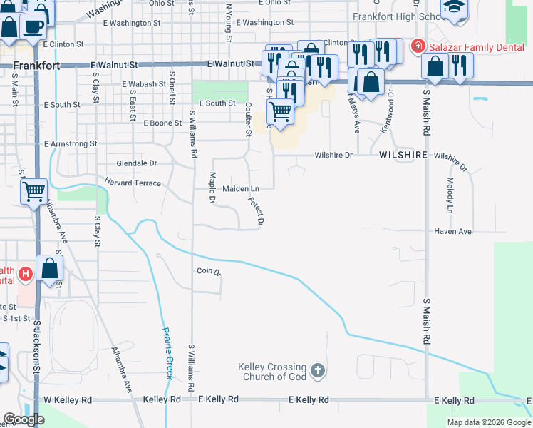 map of restaurants, bars, coffee shops, grocery stores, and more near 909 Forest Drive in Frankfort