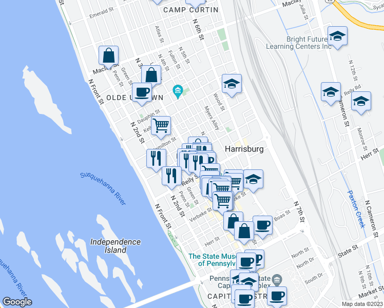 map of restaurants, bars, coffee shops, grocery stores, and more near 305 Harris Street in Harrisburg