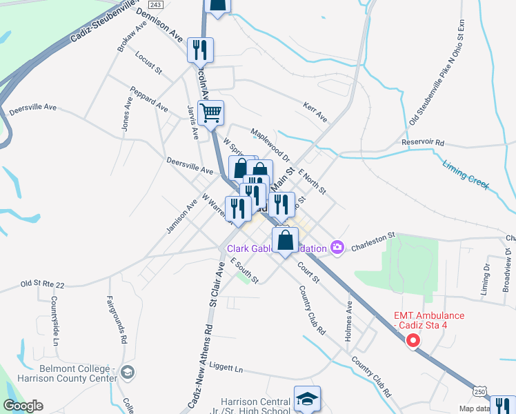 map of restaurants, bars, coffee shops, grocery stores, and more near 101 East Market Street in Cadiz