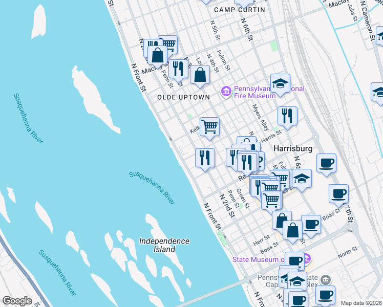 map of restaurants, bars, coffee shops, grocery stores, and more near 1704 Penn Street in Harrisburg