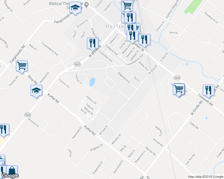 map of restaurants, bars, coffee shops, grocery stores, and more near 349 Wheatfield Circle in Hatfield