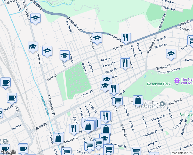 map of restaurants, bars, coffee shops, grocery stores, and more near 719 North 16th Street in Harrisburg