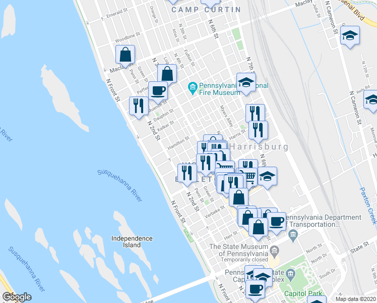 map of restaurants, bars, coffee shops, grocery stores, and more near 1609 Green St in Harrisburg