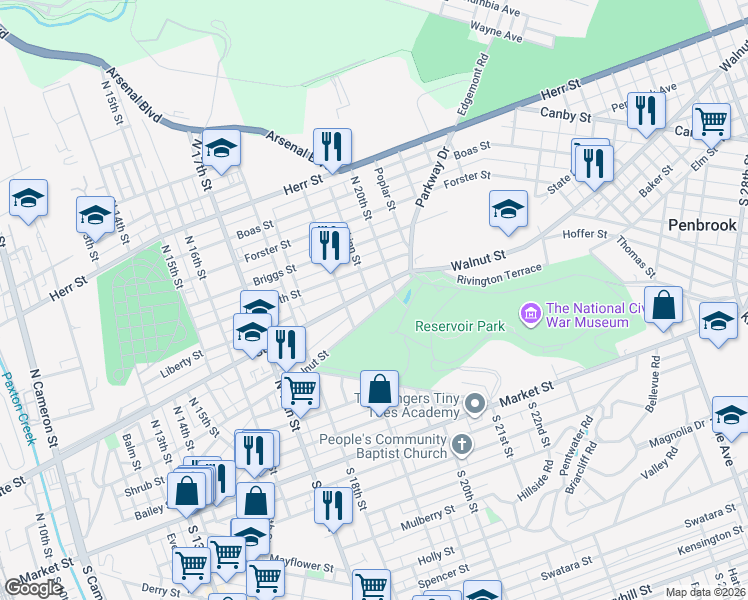 map of restaurants, bars, coffee shops, grocery stores, and more near 1944 State Street in Harrisburg