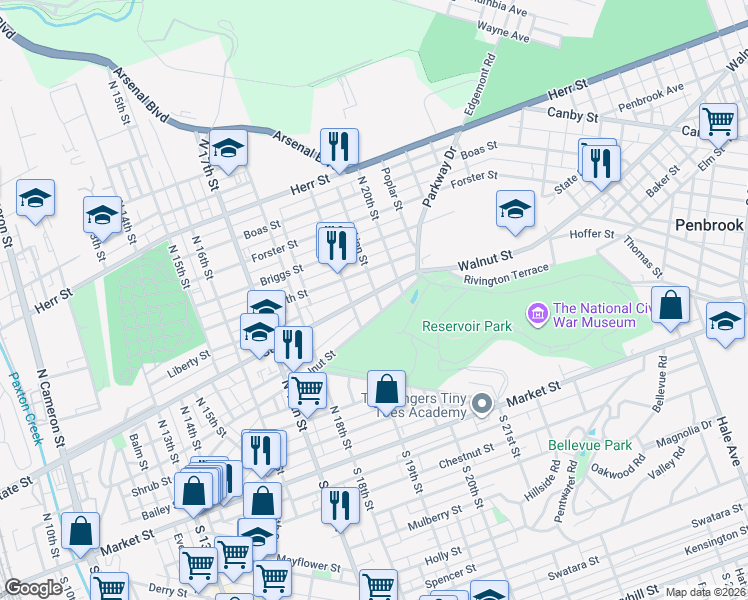 map of restaurants, bars, coffee shops, grocery stores, and more near 1913 North Street in Harrisburg