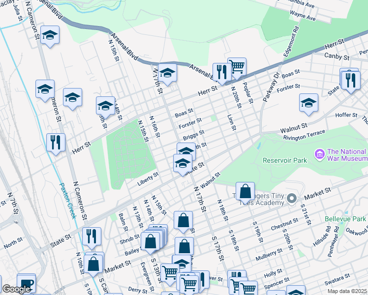map of restaurants, bars, coffee shops, grocery stores, and more near 801 North 17th Street in Harrisburg