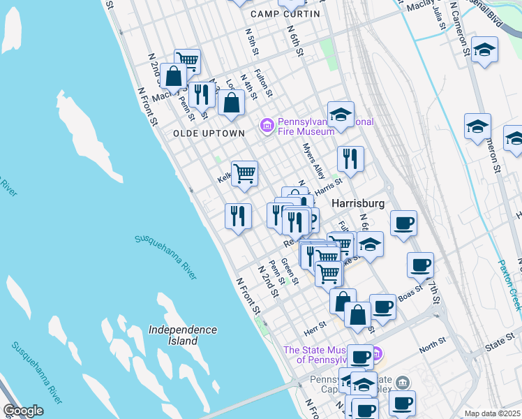 map of restaurants, bars, coffee shops, grocery stores, and more near 1609 Green Street in Harrisburg