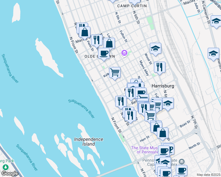 map of restaurants, bars, coffee shops, grocery stores, and more near 1704 Penn Street in Harrisburg