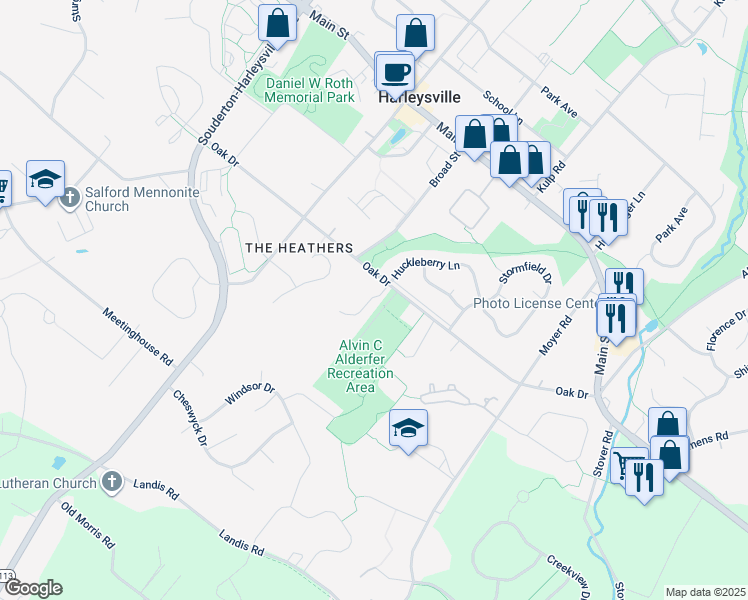 map of restaurants, bars, coffee shops, grocery stores, and more near 391 Huckleberry Lane in Harleysville