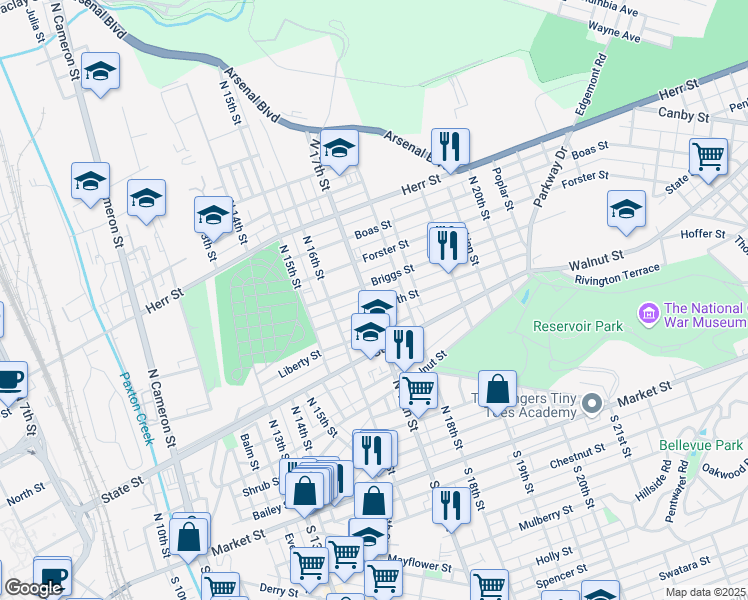 map of restaurants, bars, coffee shops, grocery stores, and more near 801 North 17th Street in Harrisburg