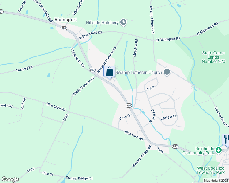 map of restaurants, bars, coffee shops, grocery stores, and more near 501 Pennsylvania 897 in Reinholds