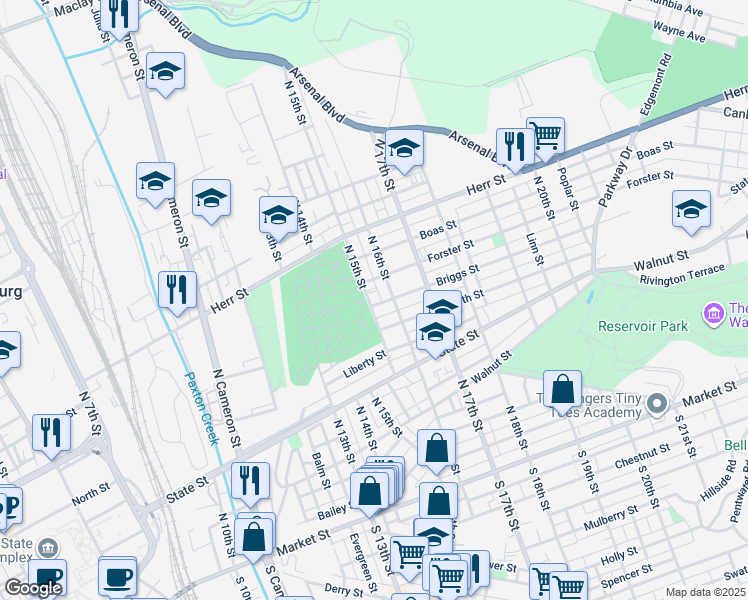map of restaurants, bars, coffee shops, grocery stores, and more near 1504 Briggs Street in Harrisburg