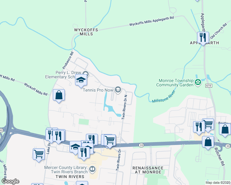 map of restaurants, bars, coffee shops, grocery stores, and more near 579 Greenwich Court in East Windsor